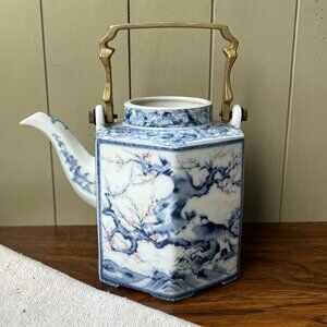 Chinese Porcelain Hexagonal Teapot Brass Handle White & Blue without Lid